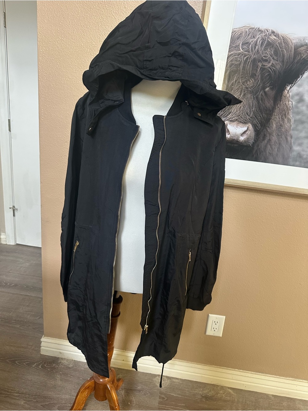 Size 12 black nylon jacket with gold hardware with detachable hood NWT